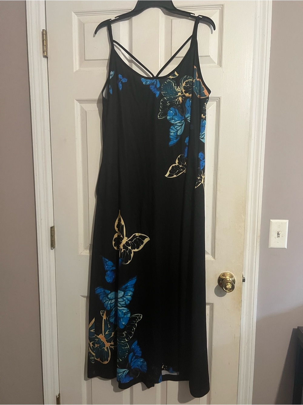Black Maxi Dress with Blue & Gold Butterfly Print